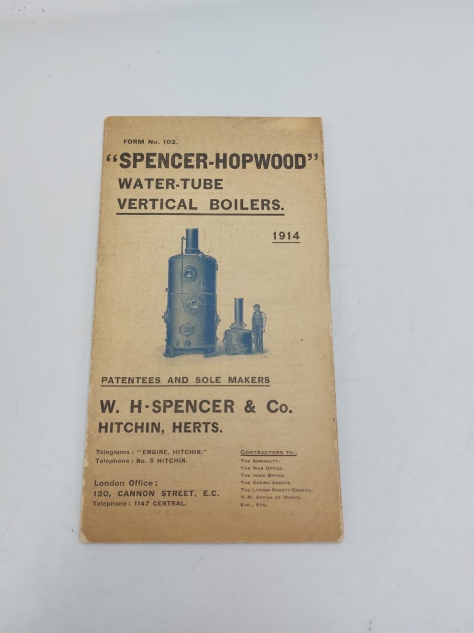 Spencer-Hopwood Water Tube Vertical Boilers Form No. 102 1914 Brochure