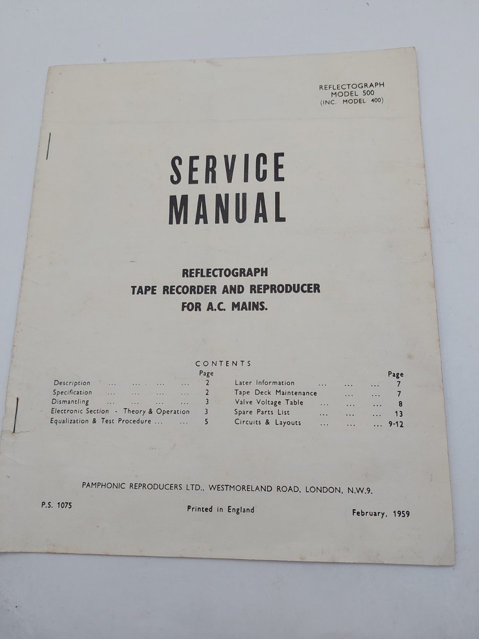 Reflectograph Model 500 Service Manual