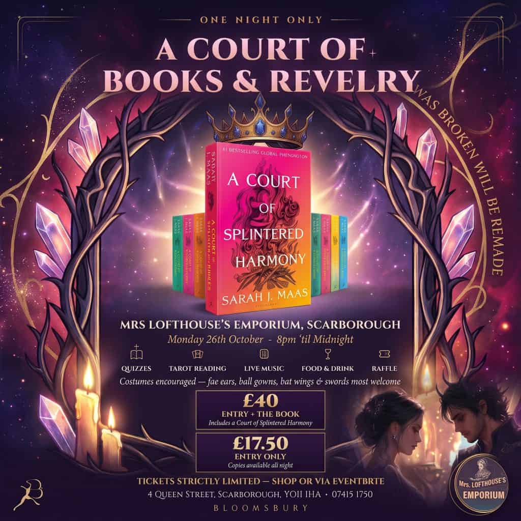 Poster for A Court of Books & Revelry: the book A Court of Splintered Harmony under a crown, framed by thorns and crystals