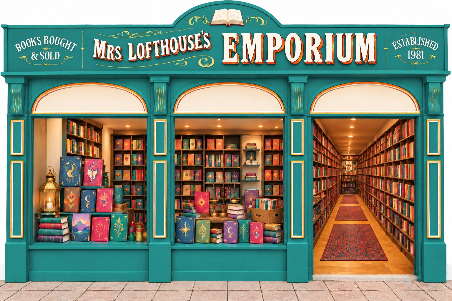 Mrs Lofthouse's Emporium: a teal Victorian shopfront, books bought and sold, established 1981